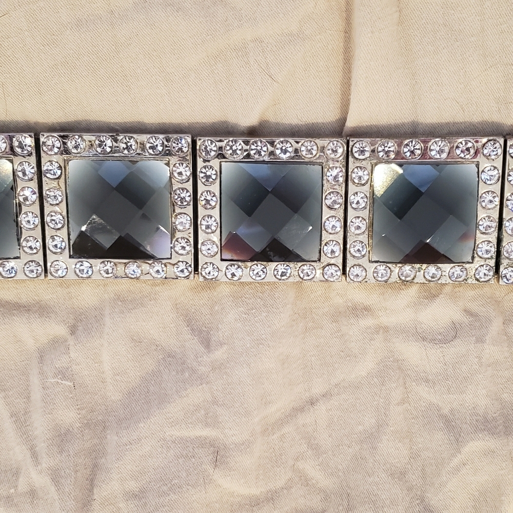 Black ostrich leather black square crystal belt